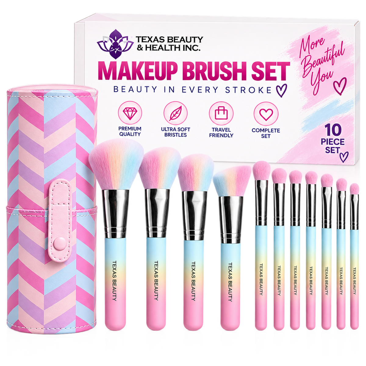 Texas Beauty 10-Piece Colorful Makeup Brush Set with Travel Case – Soft Synthetic Face & Eye Brushes