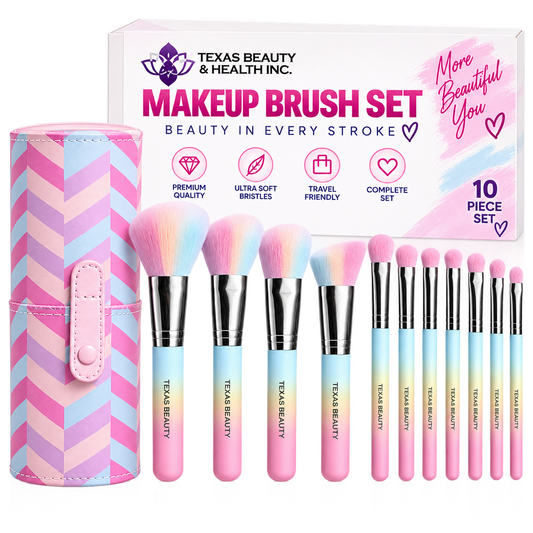 Texas Beauty 10-Piece Colorful Makeup Brush Set with Travel Case – Soft Synthetic Face & Eye Brushes