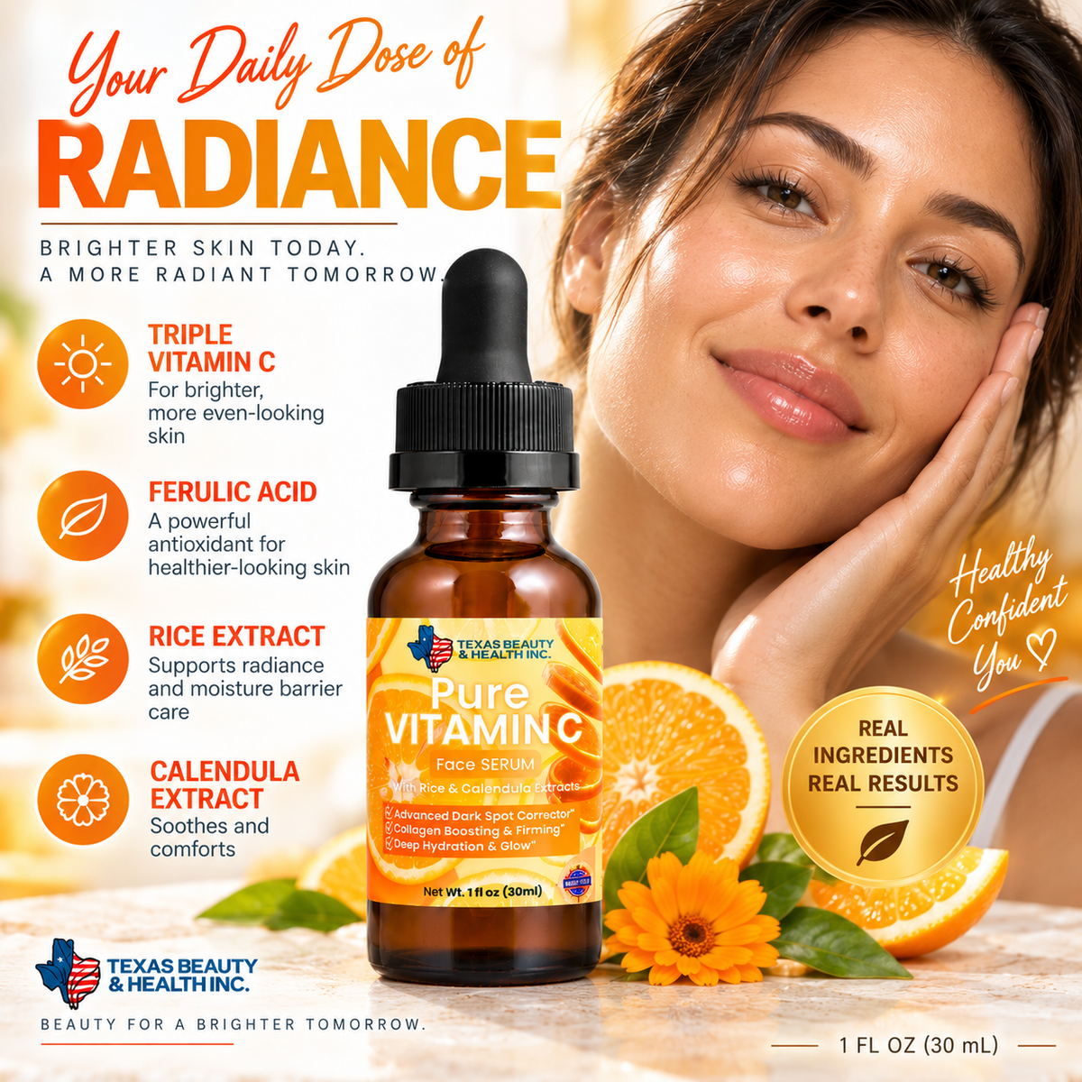 Texas Beauty & Health Triple Vitamin C Serum with Ferulic Acid for Brightening & Dark Spots – 1 oz / 30ml