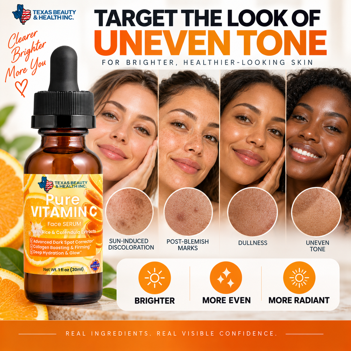 Texas Beauty & Health Triple Vitamin C Serum with Ferulic Acid for Brightening & Dark Spots – 1 oz / 30ml