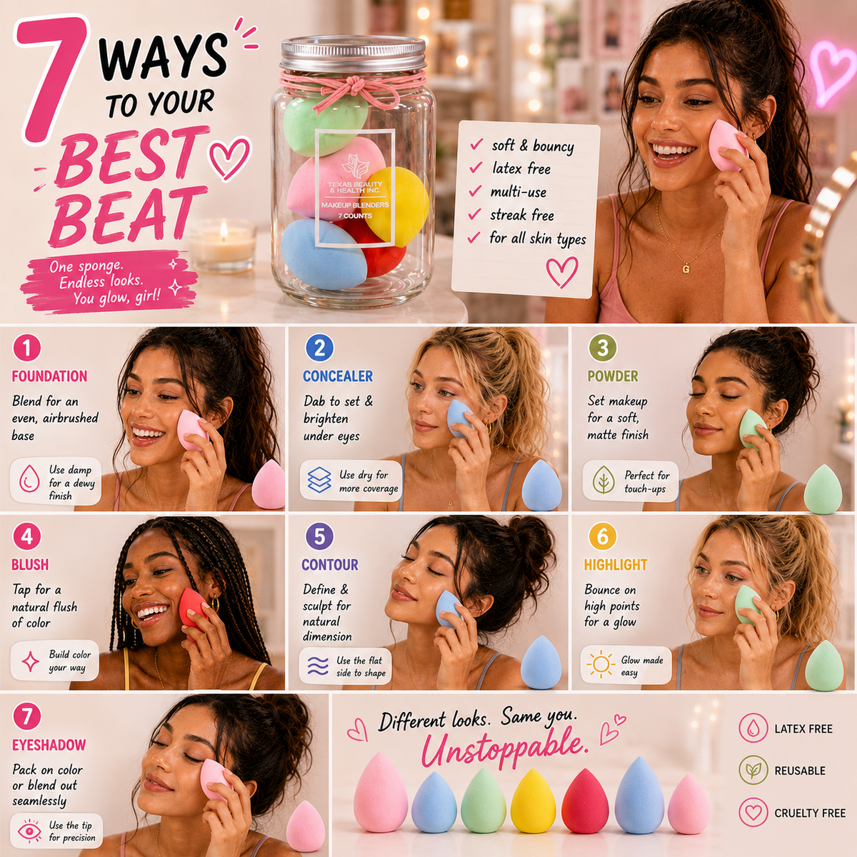 Texas Beauty & Health Makeup Sponges, Foundation Blending, Multi-Color