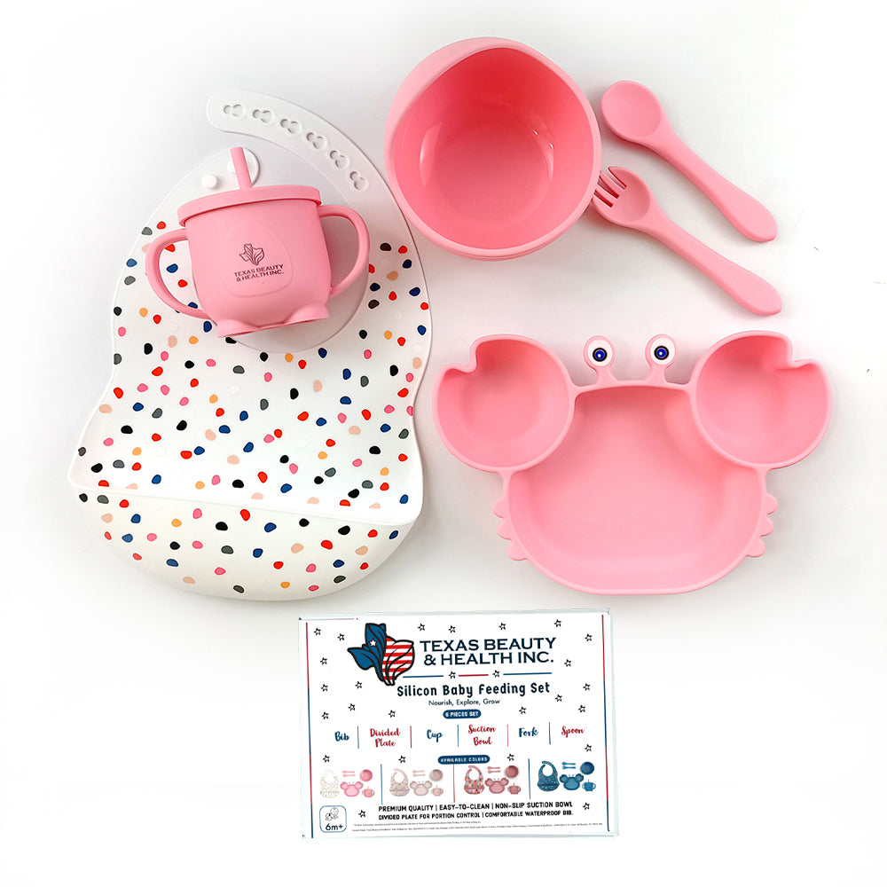 Texas Beauty & Health Princess Blushing Rose | Pink Silicone Baby Feeding Set for Girls | Suction Bowl, Divided Plate, Bib, Cup, Spoon, and Fork