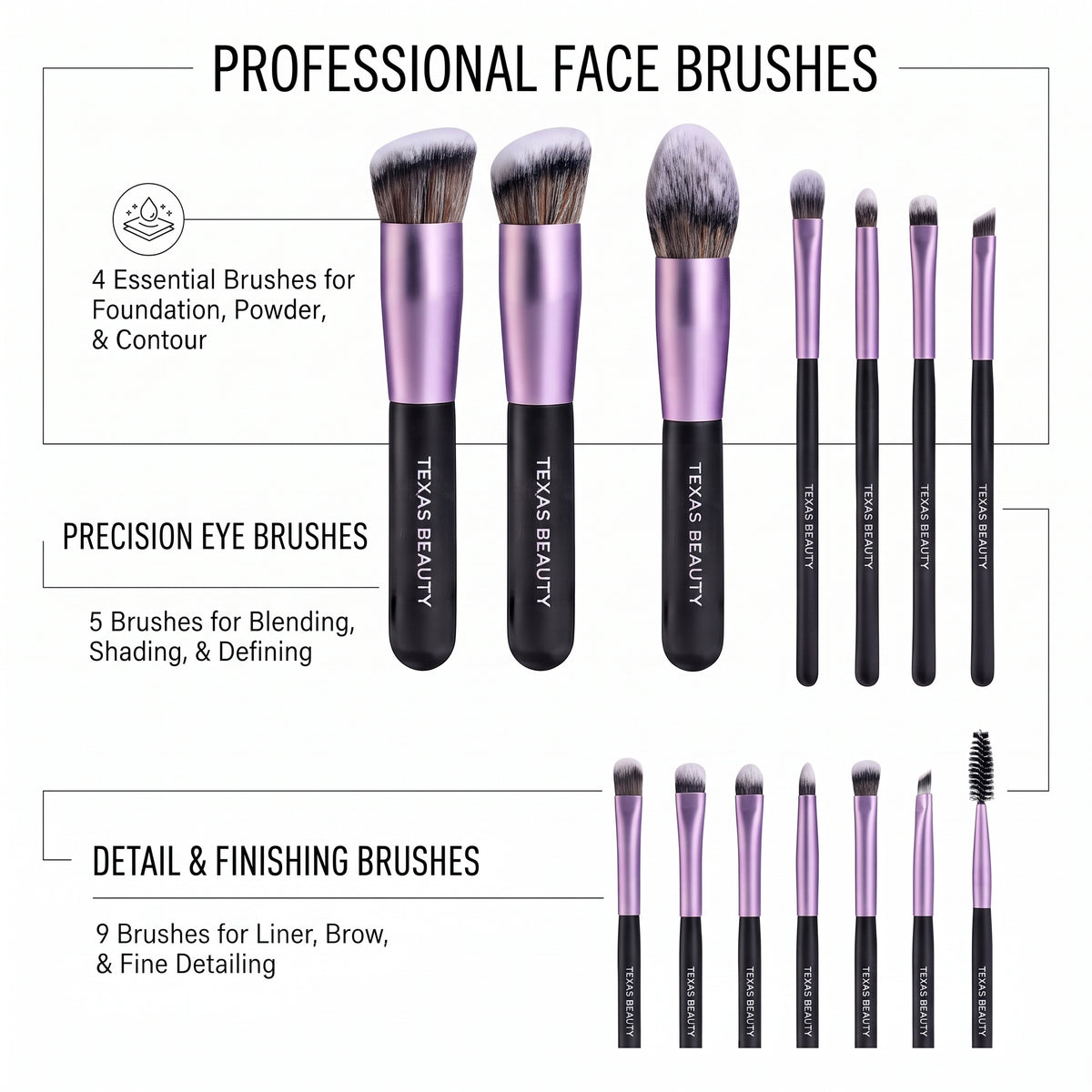 Texas Beauty Professional 18-Piece Makeup Brush Set with Storage Bucket – Ultra-Soft Vegan Synthetic Bristles, Matte Black & Purple Finish