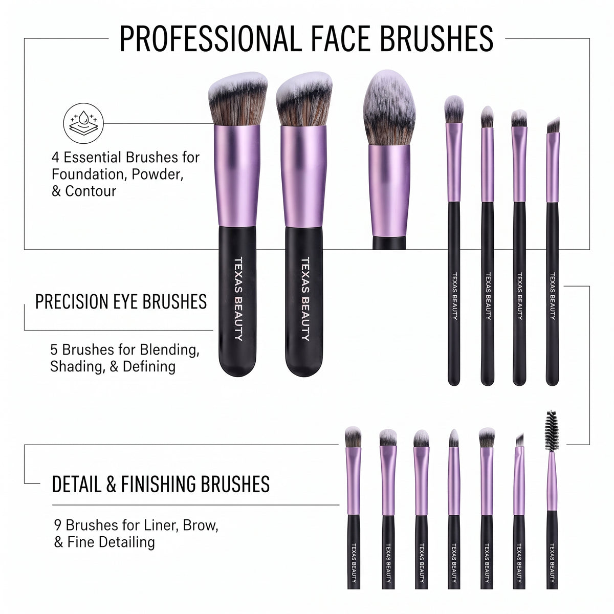 Texas Beauty Professional 18-Piece Makeup Brush Set with Storage Bucket – Ultra-Soft Vegan Synthetic Bristles, Matte Black & Purple Finish
