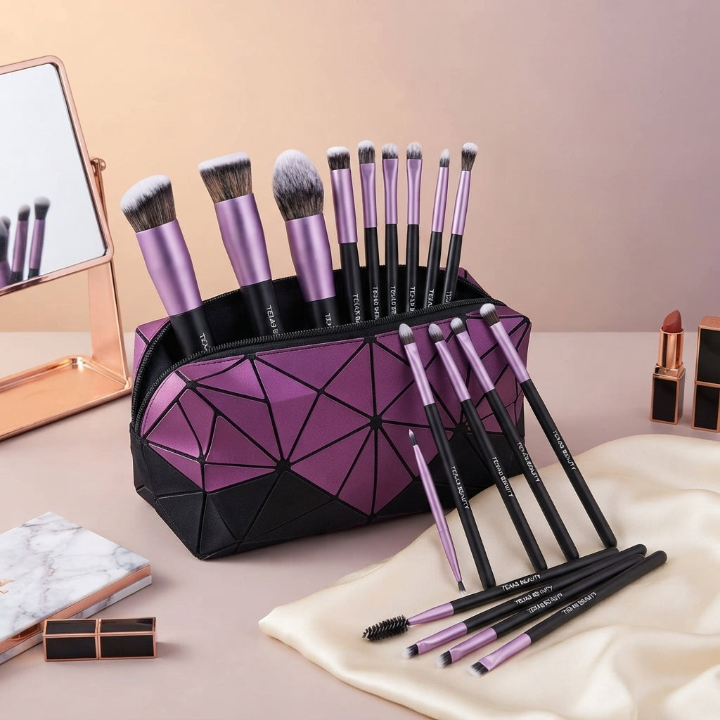Texas Beauty Professional 18-Piece Makeup Brush Set with Storage Bucket – Ultra-Soft Vegan Synthetic Bristles, Matte Black & Purple Finish