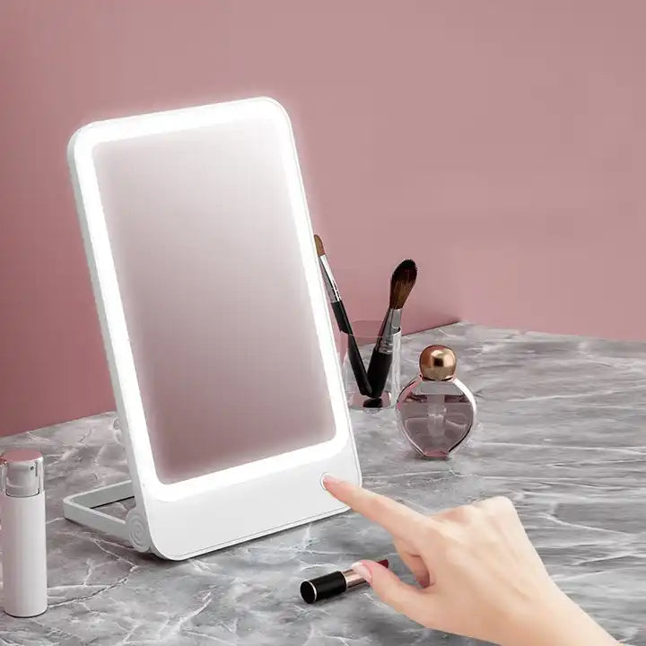 3 Colors Light Modes Lighted Makeup Mirror Folding Travel USB Rechargeable Touch Screen Tabletop Portable Travel Vanity Mirror