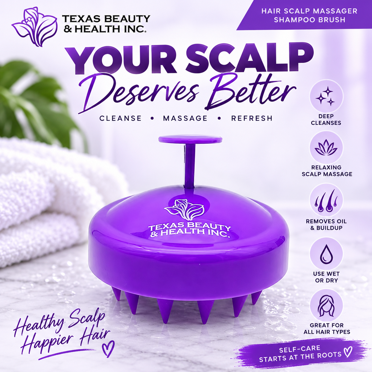 Texas Beauty & Health Scalp Massager Shampoo Brush, Massaging Scrubber with Soft Silicone Bristles for Hair Growth Support & Dandruff Removal Purple