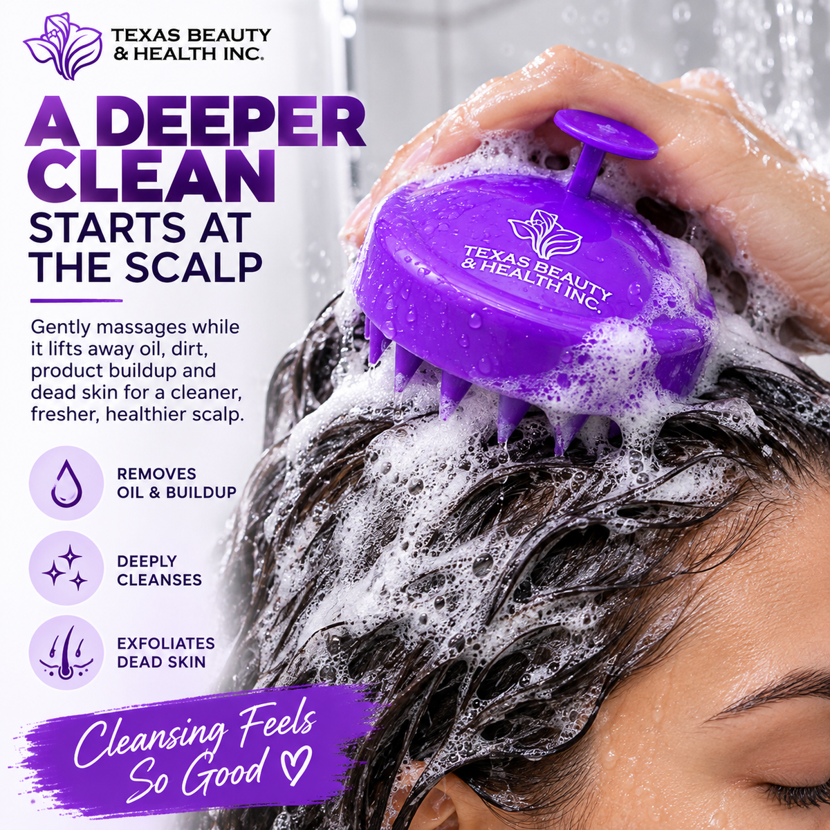 Texas Beauty & Health Scalp Massager Shampoo Brush, Massaging Scrubber with Soft Silicone Bristles for Hair Growth Support & Dandruff Removal Purple