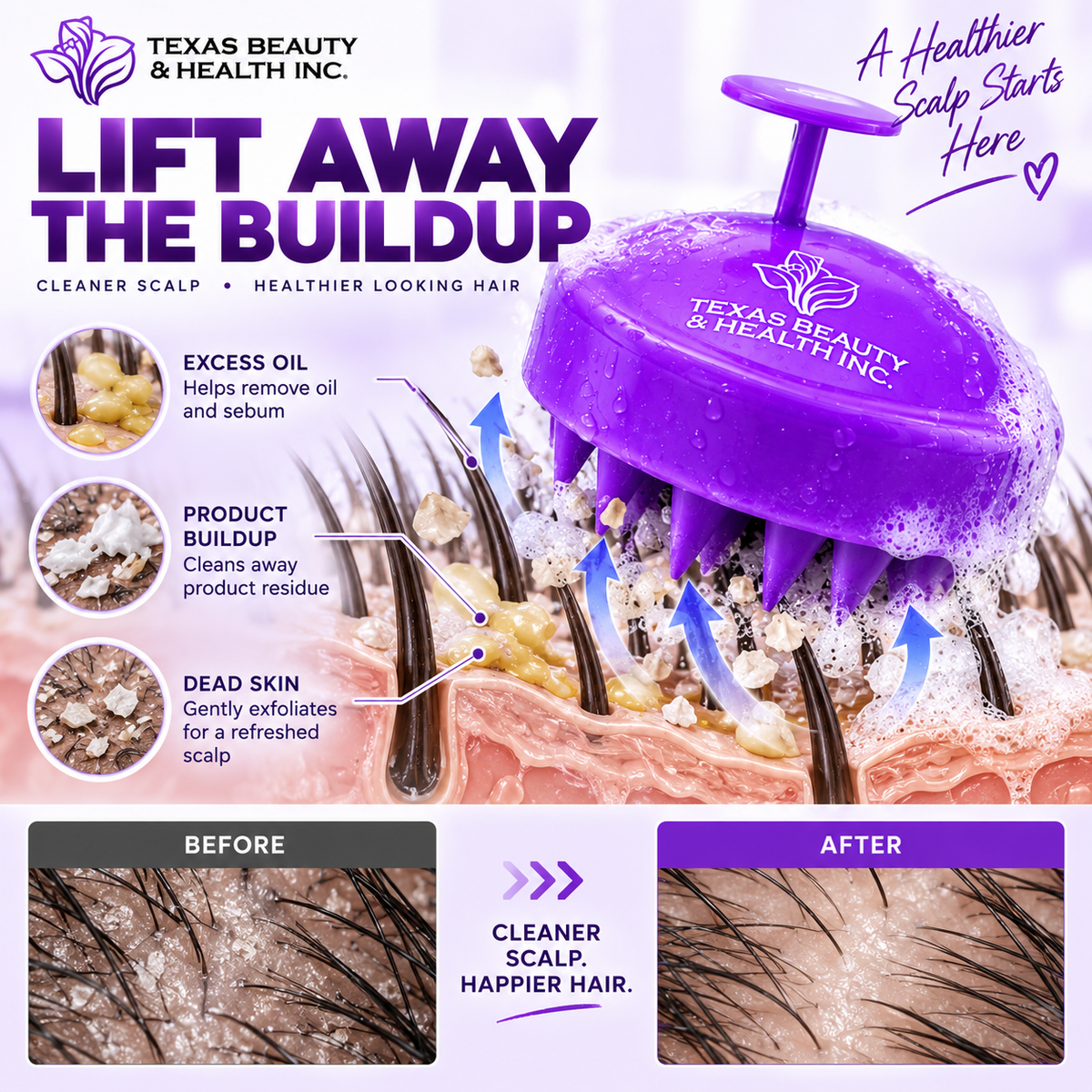 Texas Beauty & Health Scalp Massager Shampoo Brush, Massaging Scrubber with Soft Silicone Bristles for Hair Growth Support & Dandruff Removal Purple