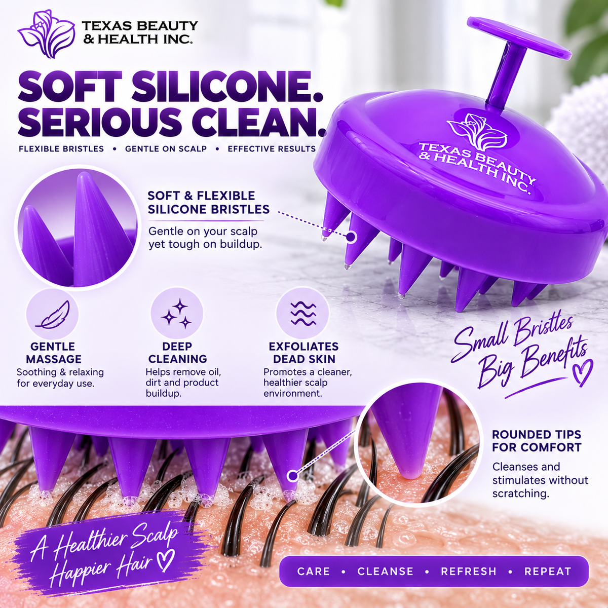 Texas Beauty & Health Scalp Massager Shampoo Brush, Massaging Scrubber with Soft Silicone Bristles for Hair Growth Support & Dandruff Removal Purple