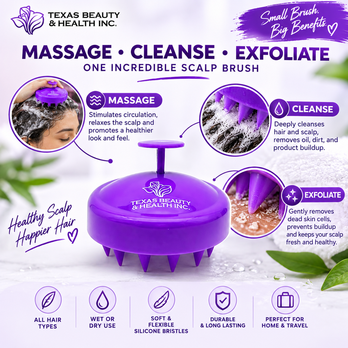 Texas Beauty & Health Scalp Massager Shampoo Brush, Massaging Scrubber with Soft Silicone Bristles for Hair Growth Support & Dandruff Removal Purple
