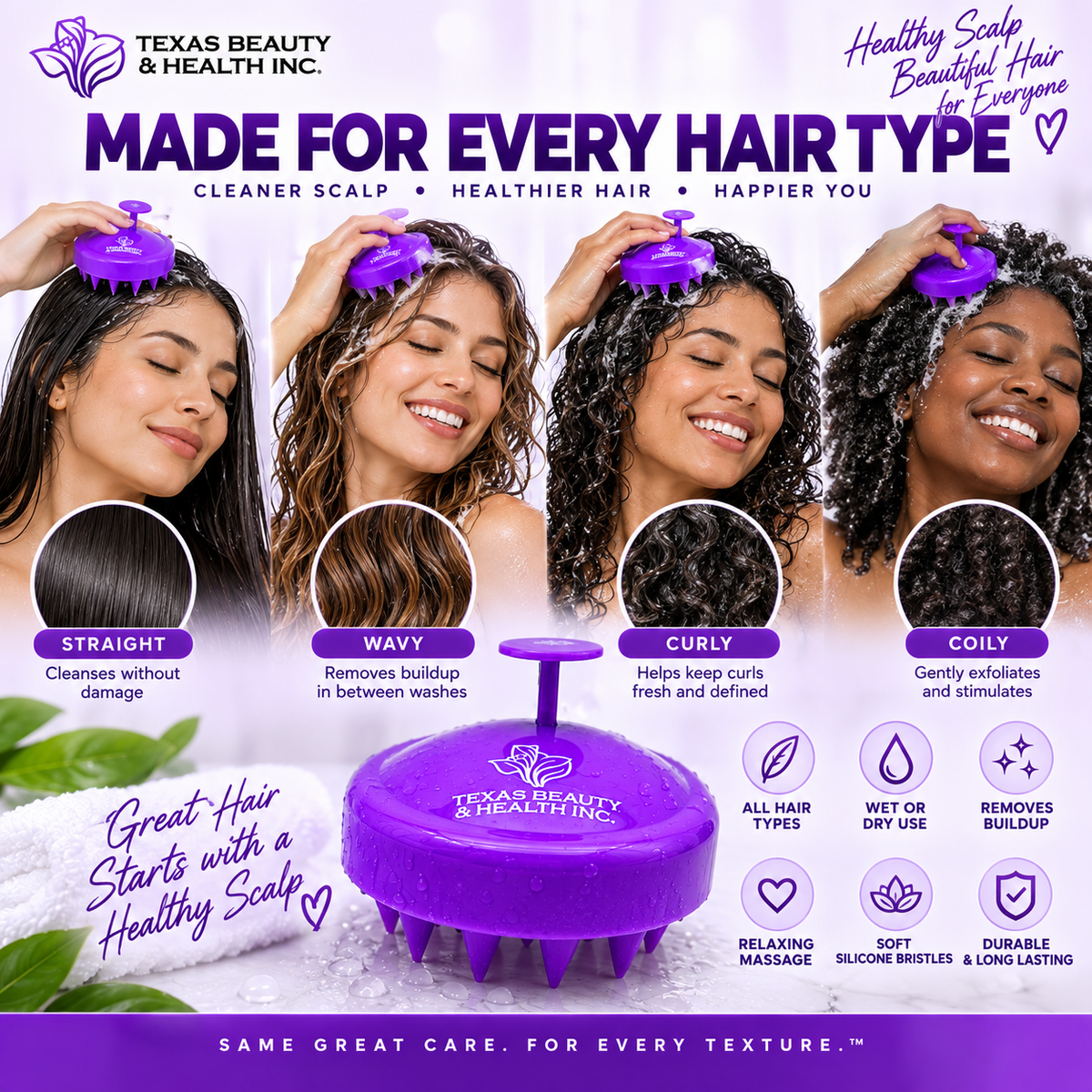 Texas Beauty & Health Scalp Massager Shampoo Brush, Massaging Scrubber with Soft Silicone Bristles for Hair Growth Support & Dandruff Removal Purple