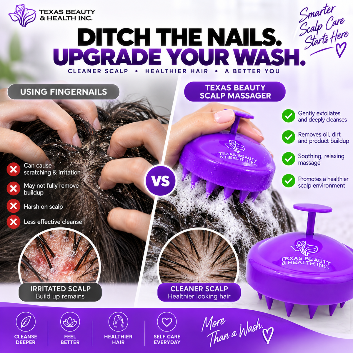 Texas Beauty & Health Scalp Massager Shampoo Brush, Massaging Scrubber with Soft Silicone Bristles for Hair Growth Support & Dandruff Removal Purple