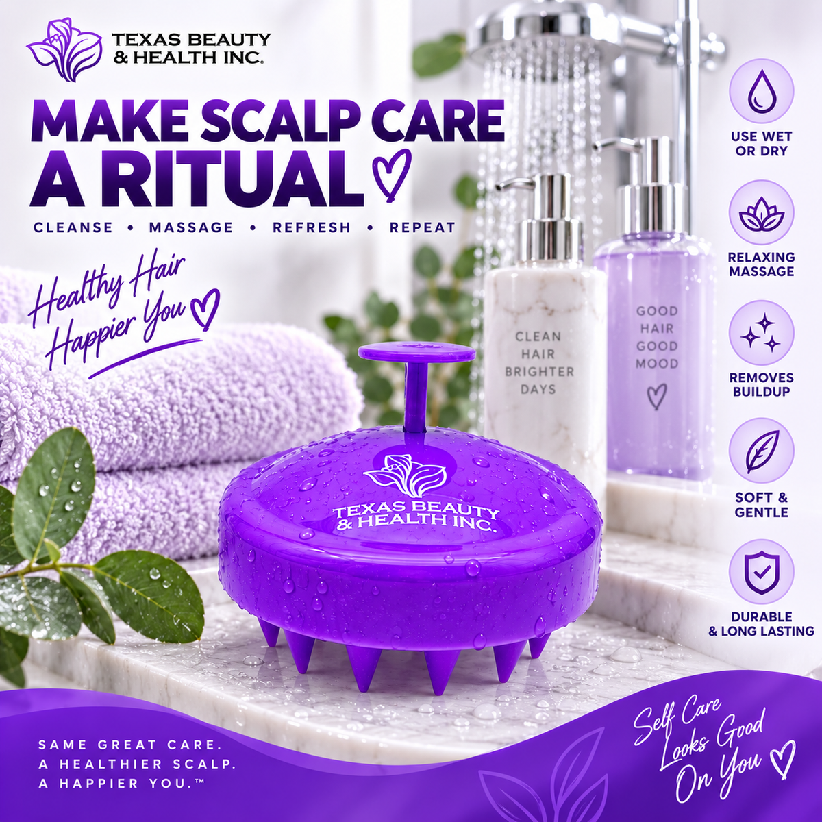 Texas Beauty & Health Scalp Massager Shampoo Brush, Massaging Scrubber with Soft Silicone Bristles for Hair Growth Support & Dandruff Removal Purple