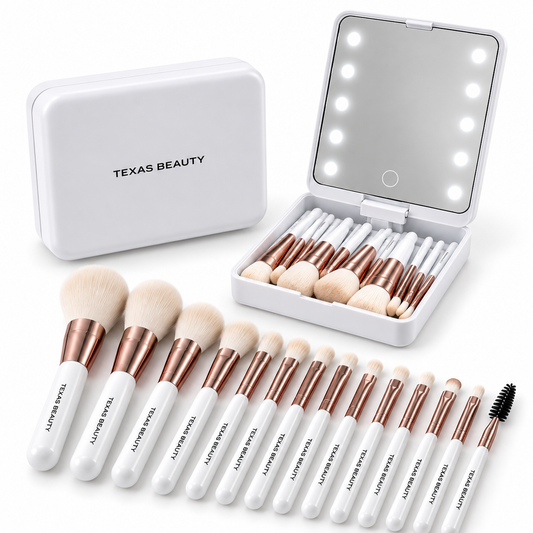 Texas Beauty 14-Piece Makeup Brush Set with LED Light Mirror & Travel Case – White Color