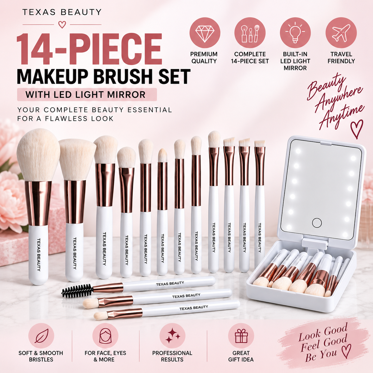 Texas Beauty 14-Piece Makeup Brush Set with LED Light Mirror & Travel Case – White Color