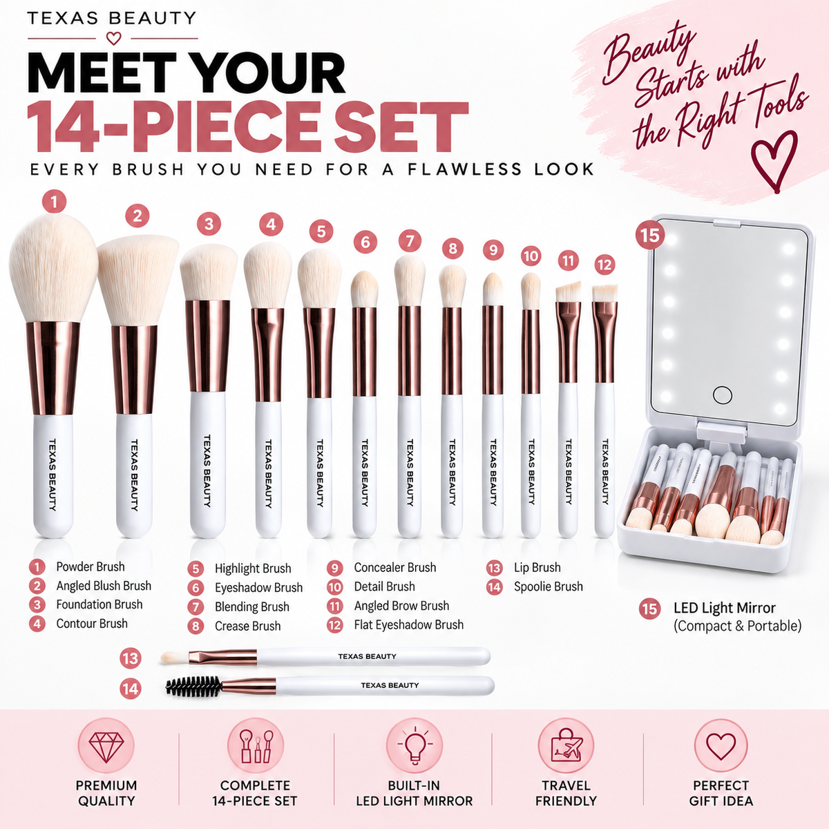 Texas Beauty 14-Piece Makeup Brush Set with LED Light Mirror & Travel Case – White Color