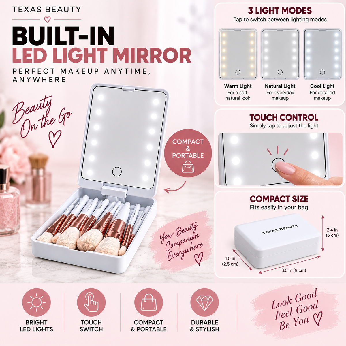 Texas Beauty 14-Piece Makeup Brush Set with LED Light Mirror & Travel Case – White Color