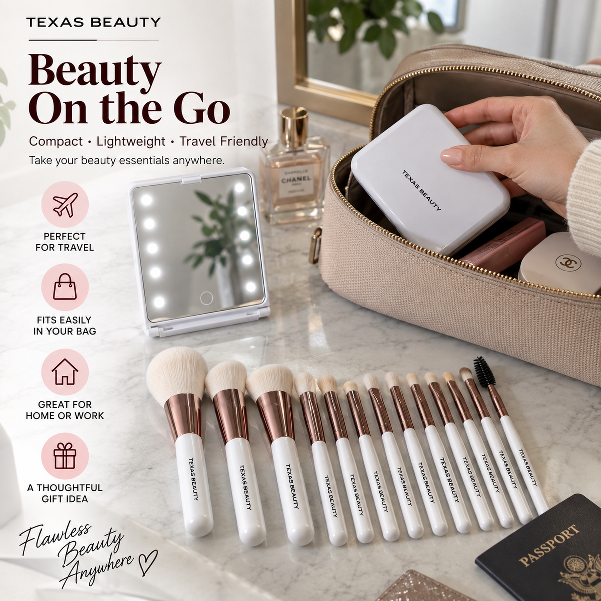 Texas Beauty 14-Piece Makeup Brush Set with LED Light Mirror & Travel Case – White Color