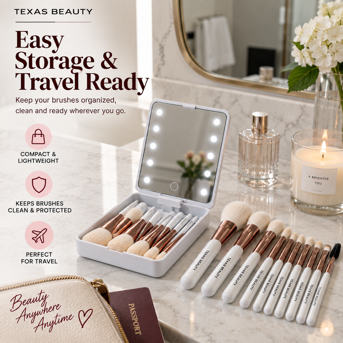 Texas Beauty 14-Piece Makeup Brush Set with LED Light Mirror & Travel Case – White Color