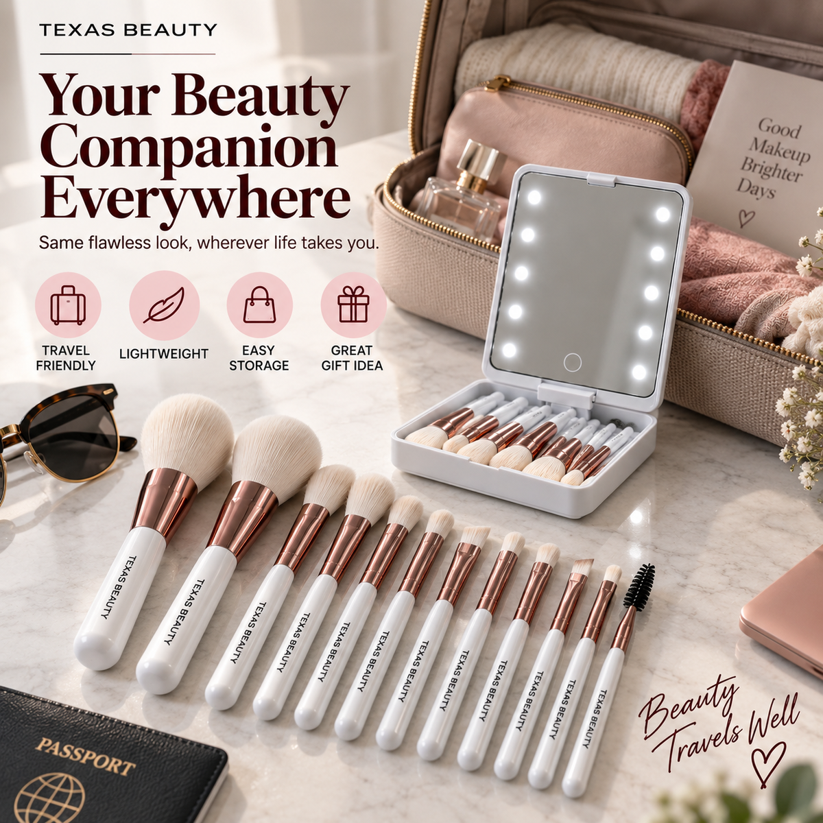 Texas Beauty 14-Piece Makeup Brush Set with LED Light Mirror & Travel Case – White Color