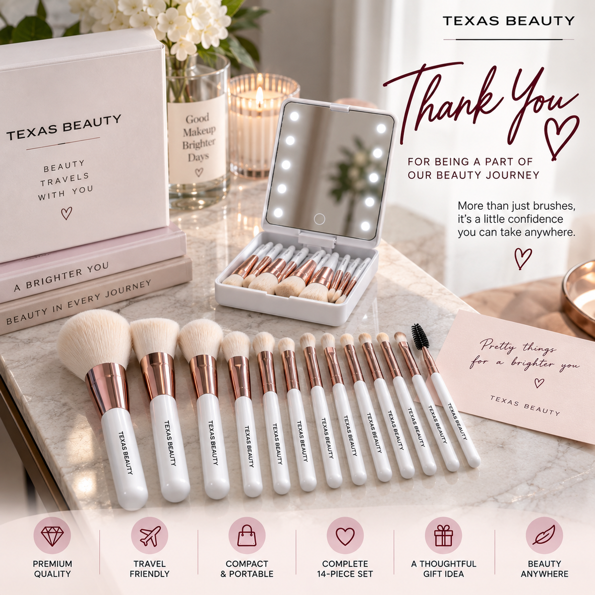 Texas Beauty 14-Piece Makeup Brush Set with LED Light Mirror & Travel Case – White Color