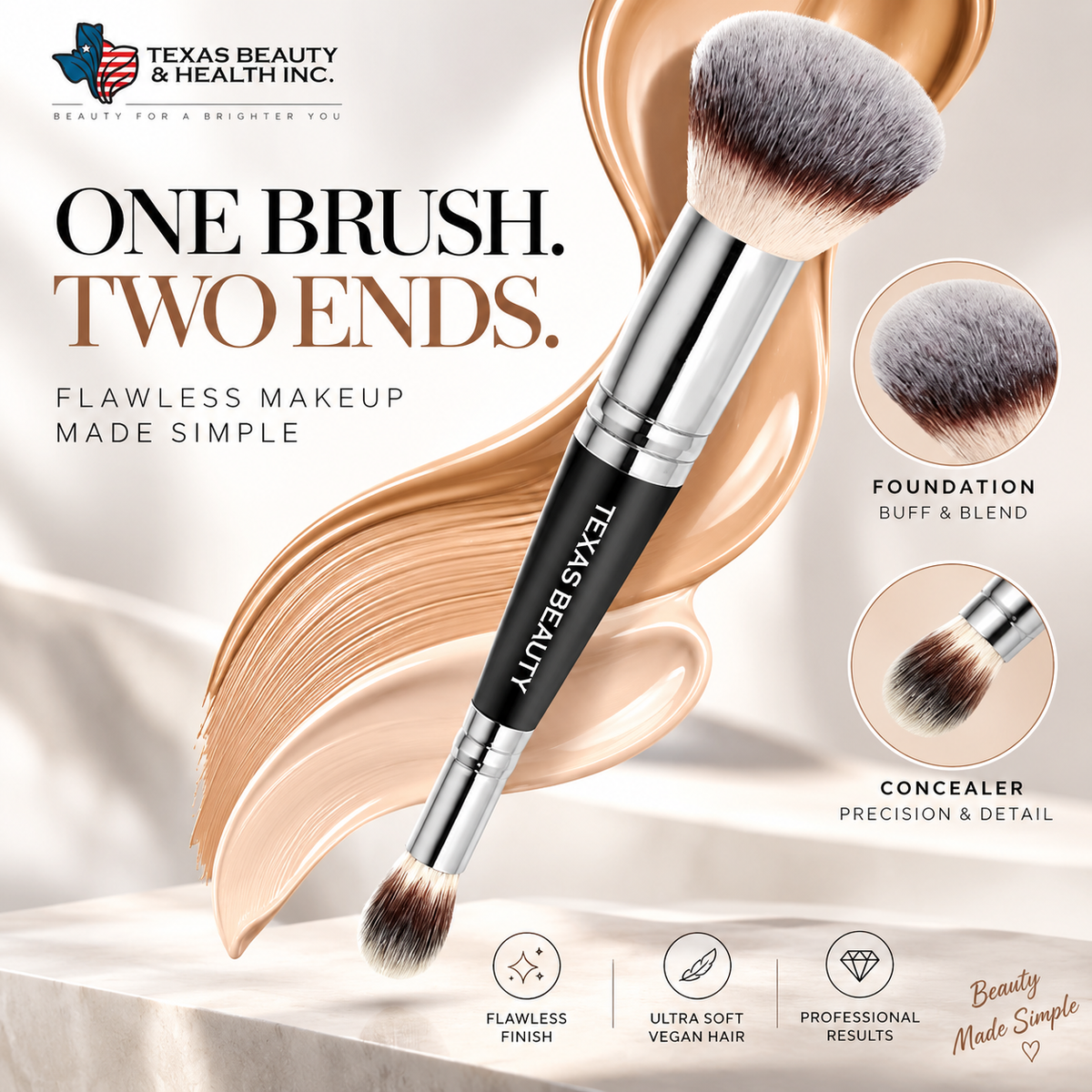 2-in-1 Dual-Ended Foundation & Concealer Makeup Brush – Vegan Blending Brush for Liquid, Cream & Powder | Texas Beauty & Health