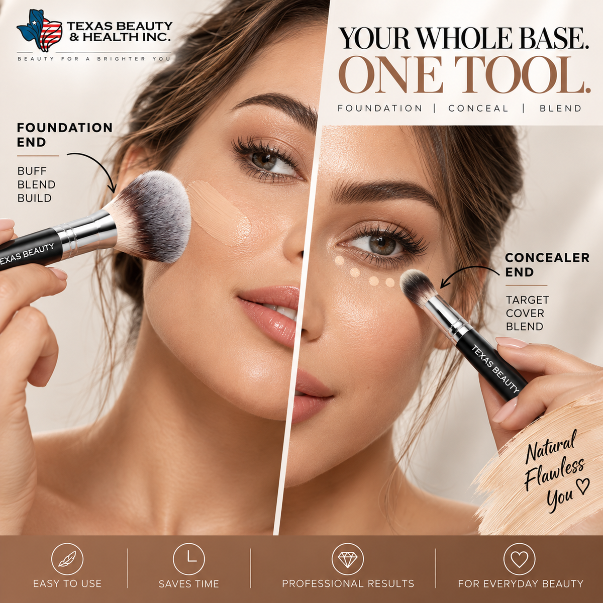 2-in-1 Dual-Ended Foundation & Concealer Makeup Brush – Vegan Blending Brush for Liquid, Cream & Powder | Texas Beauty & Health