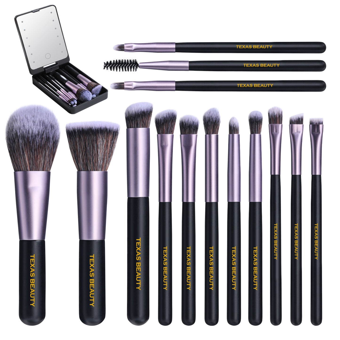 14 Pcs Black and Purple Makeup Brush set with Led Light Mirror