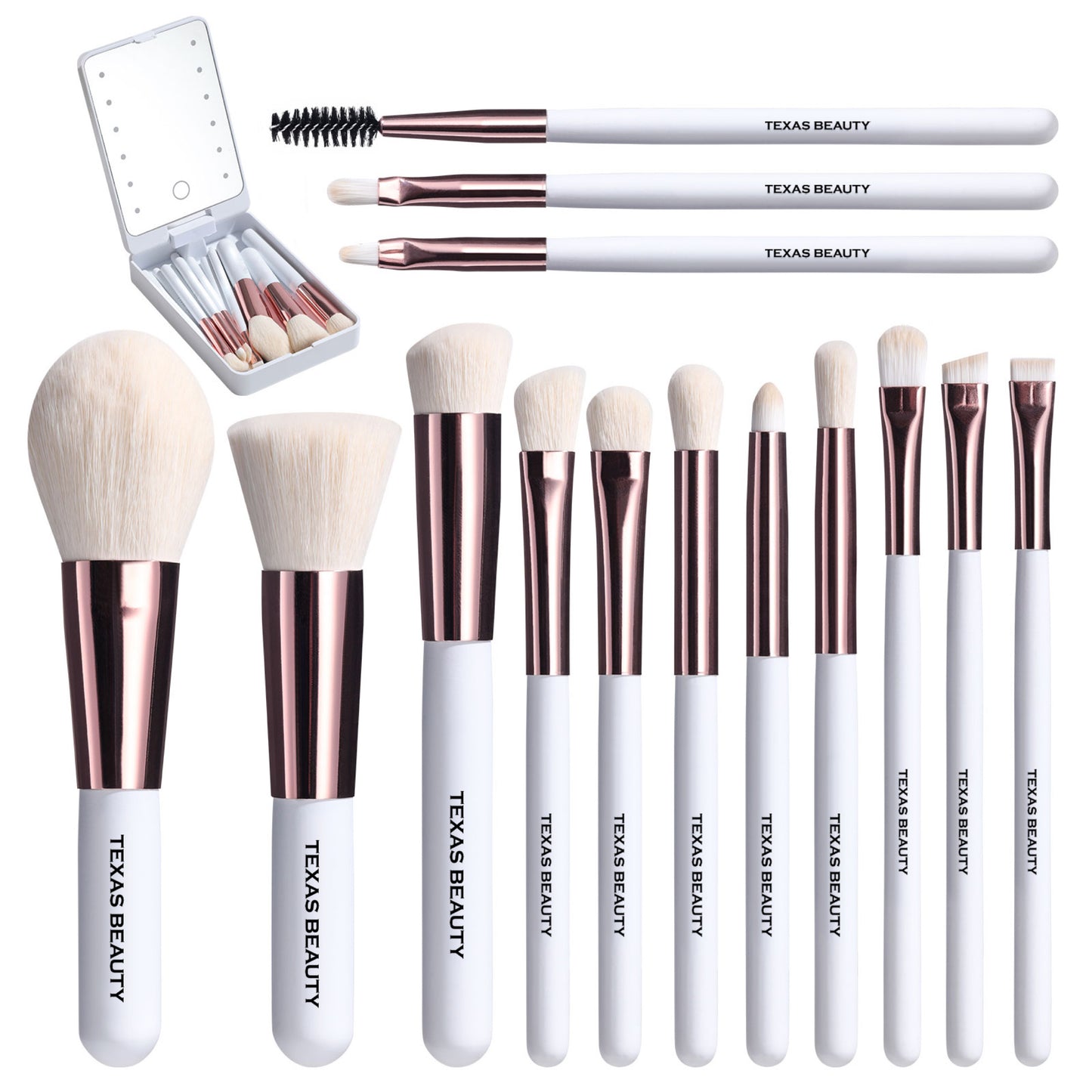 14 Pcs White Makeup Brush set with LED-Light Mirror