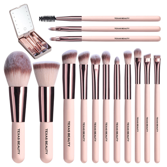 14 Pcs Pink Makeup Brush set with Led Light Mirror