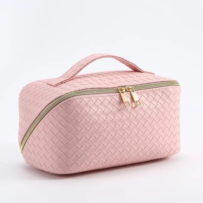 Travel Makeup Bag | Waterproof Portable Pouch | Open Flat Toiletry Bag Make up Organizer with Handle | Large Capacity | Pink Color