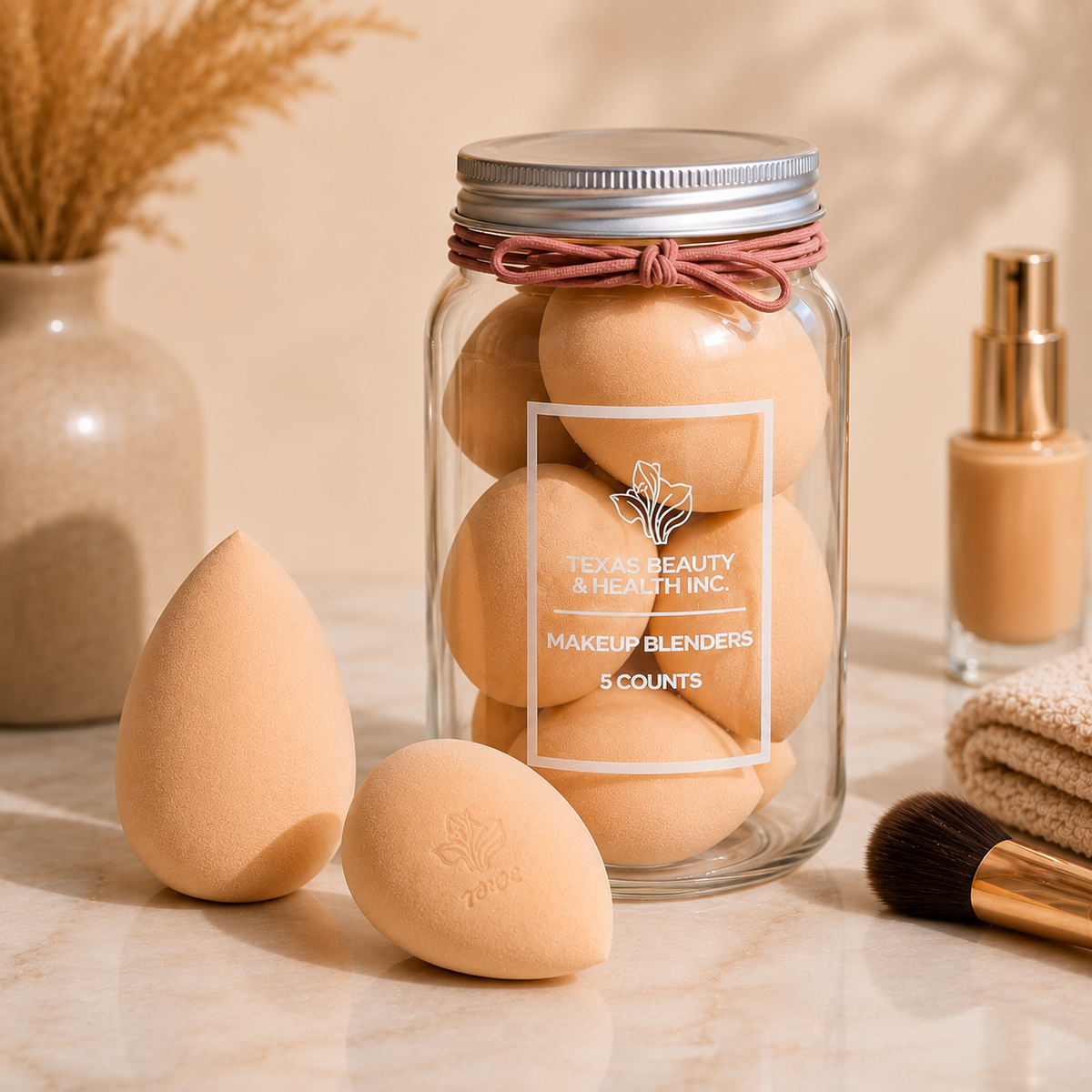 A clear glass jar with a silver lid and pink ribbon tie, filled with beige makeup sponges. Two teardrop-shaped makeup sponges sit in front on a marble surface, with a makeup brush, folded towel, and foundation bottle nearby.