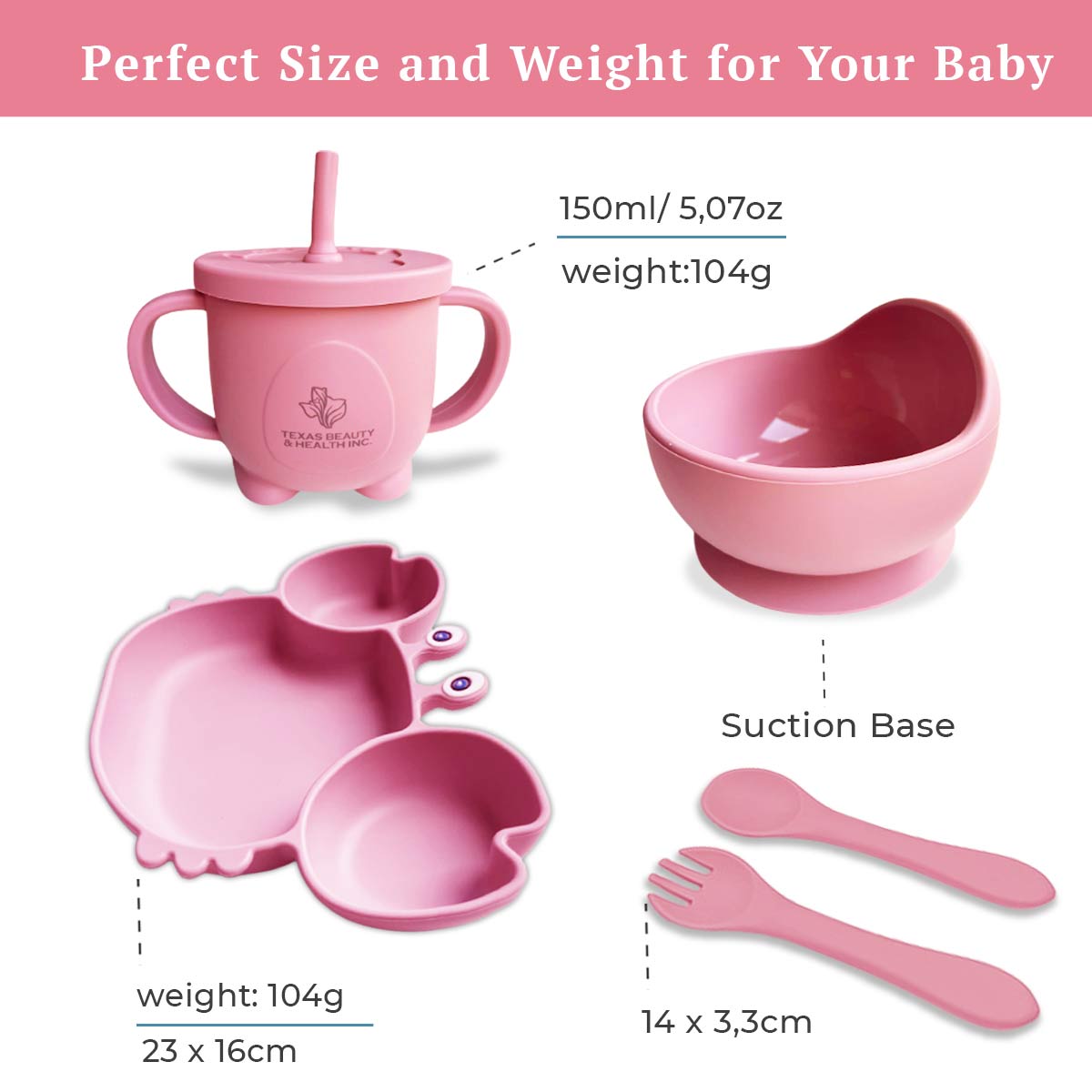 Texas Beauty & Health Princess Blushing Rose | Pink Silicone Baby Feeding Set for Girls | Suction Bowl, Divided Plate, Bib, Cup, Spoon, and Fork