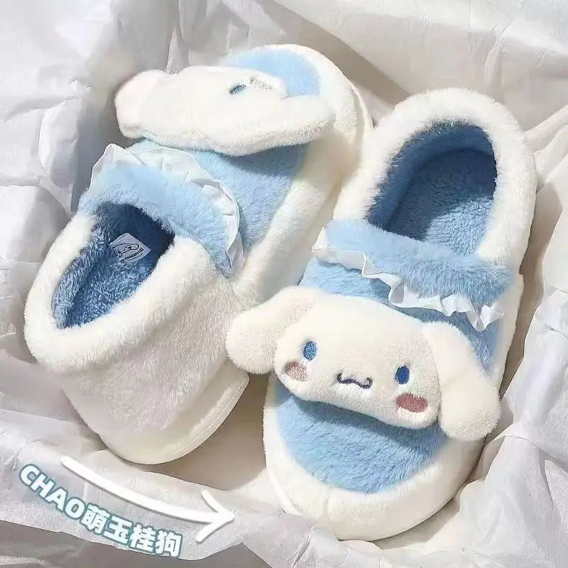 Sanrio Kuromi Slippers Cute Cinnamoroll Hello Kitty Cotton Fuzzy Slippers My Melody Women's Winter Velvet Warm Home Shoes Gifts