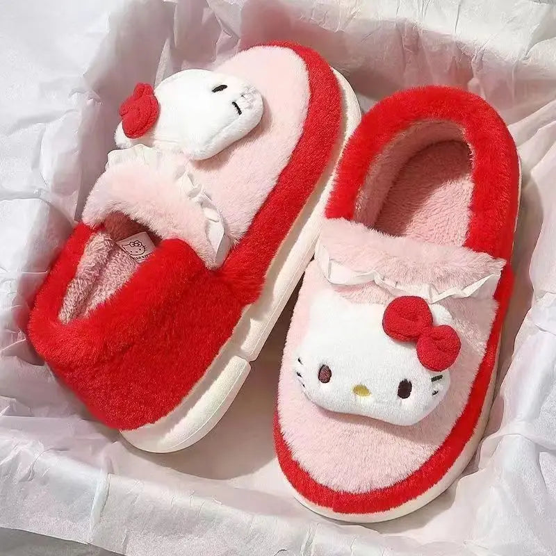 Sanrio Kuromi Slippers Cute Cinnamoroll Hello Kitty Cotton Fuzzy Slippers My Melody Women's Winter Velvet Warm Home Shoes Gifts