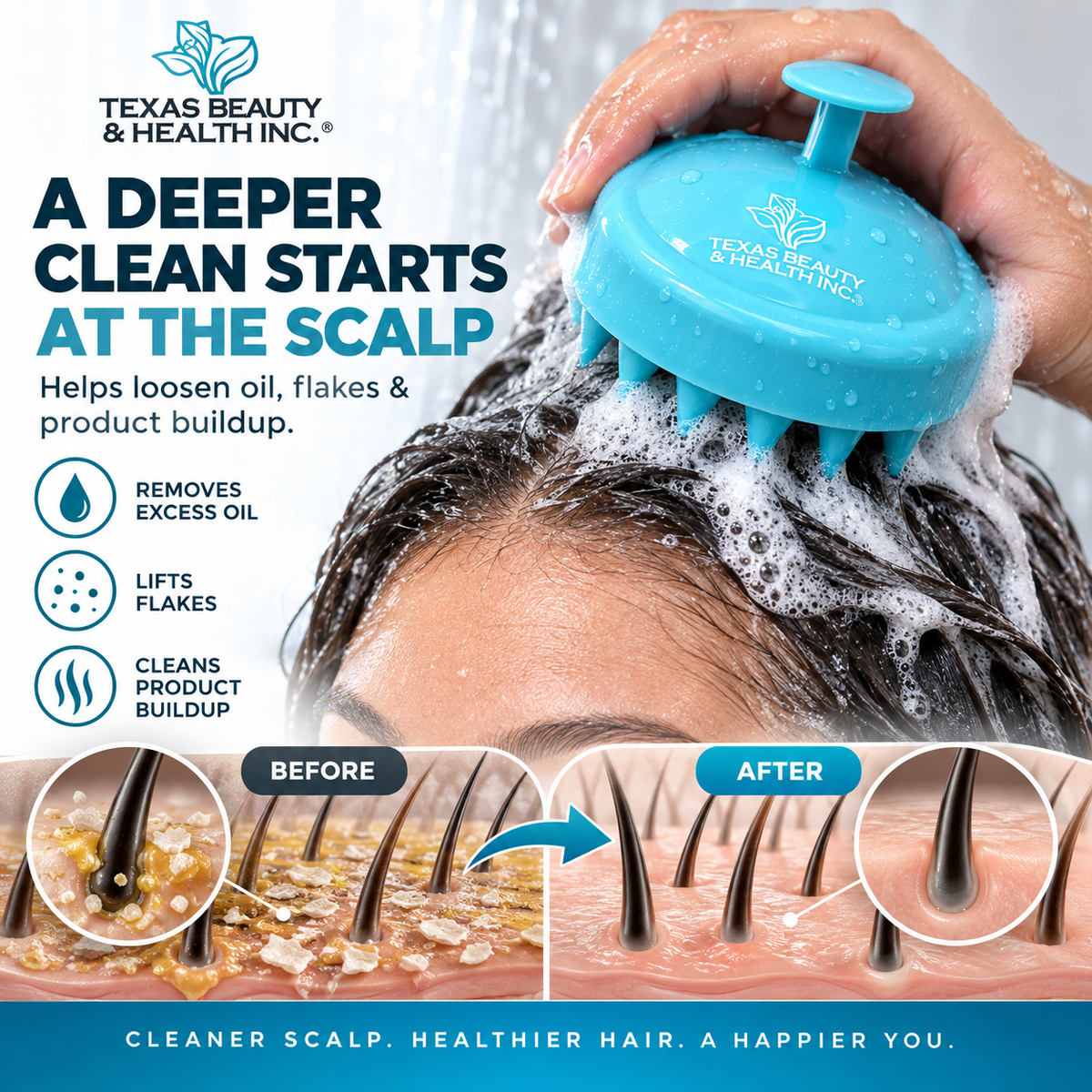 Texas Beauty & Health Scalp Massager Shampoo Brush, Massaging Scrubber with Soft Silicone Bristles for Hair Growth Support & Dandruff Removal Green