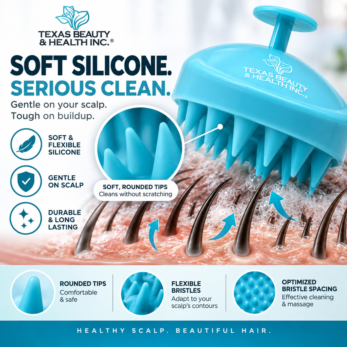 Texas Beauty & Health Scalp Massager Shampoo Brush, Massaging Scrubber with Soft Silicone Bristles for Hair Growth Support & Dandruff Removal Green