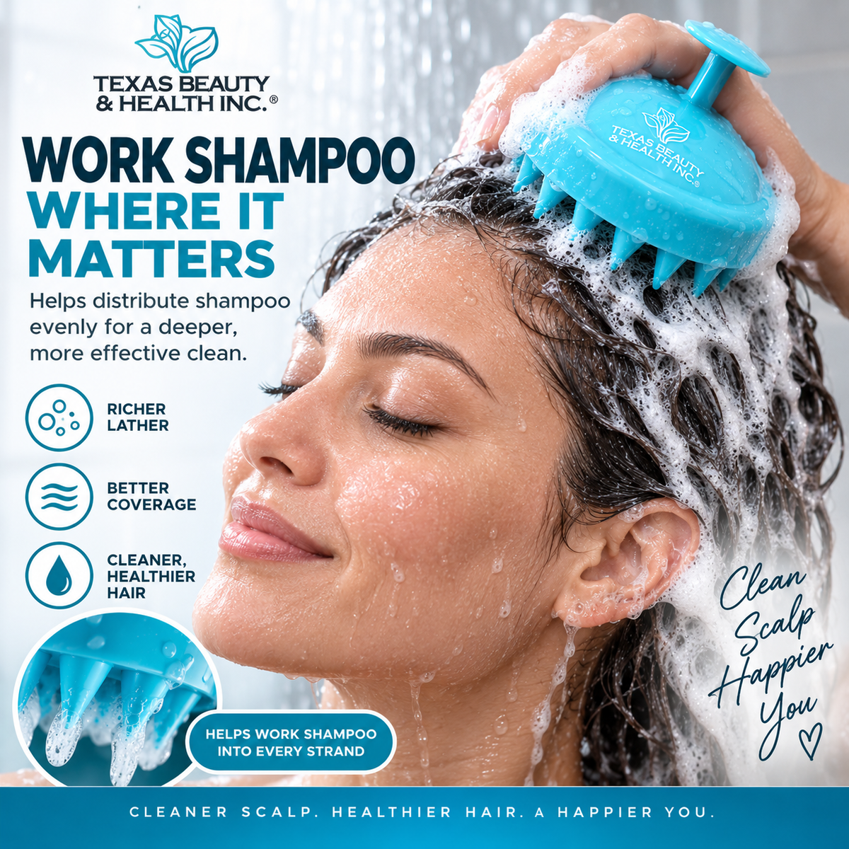 Texas Beauty & Health Scalp Massager Shampoo Brush, Massaging Scrubber with Soft Silicone Bristles for Hair Growth Support & Dandruff Removal Green