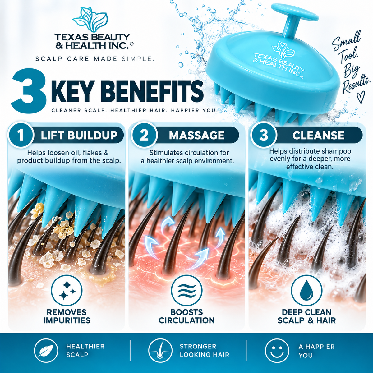 Texas Beauty & Health Scalp Massager Shampoo Brush, Massaging Scrubber with Soft Silicone Bristles for Hair Growth Support & Dandruff Removal Green