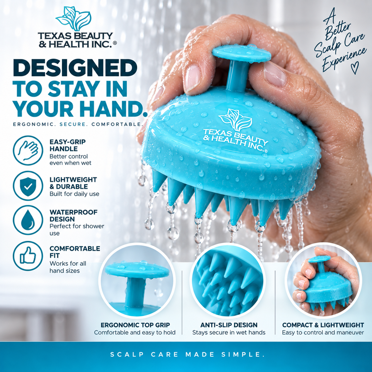 Texas Beauty & Health Scalp Massager Shampoo Brush, Massaging Scrubber with Soft Silicone Bristles for Hair Growth Support & Dandruff Removal Green