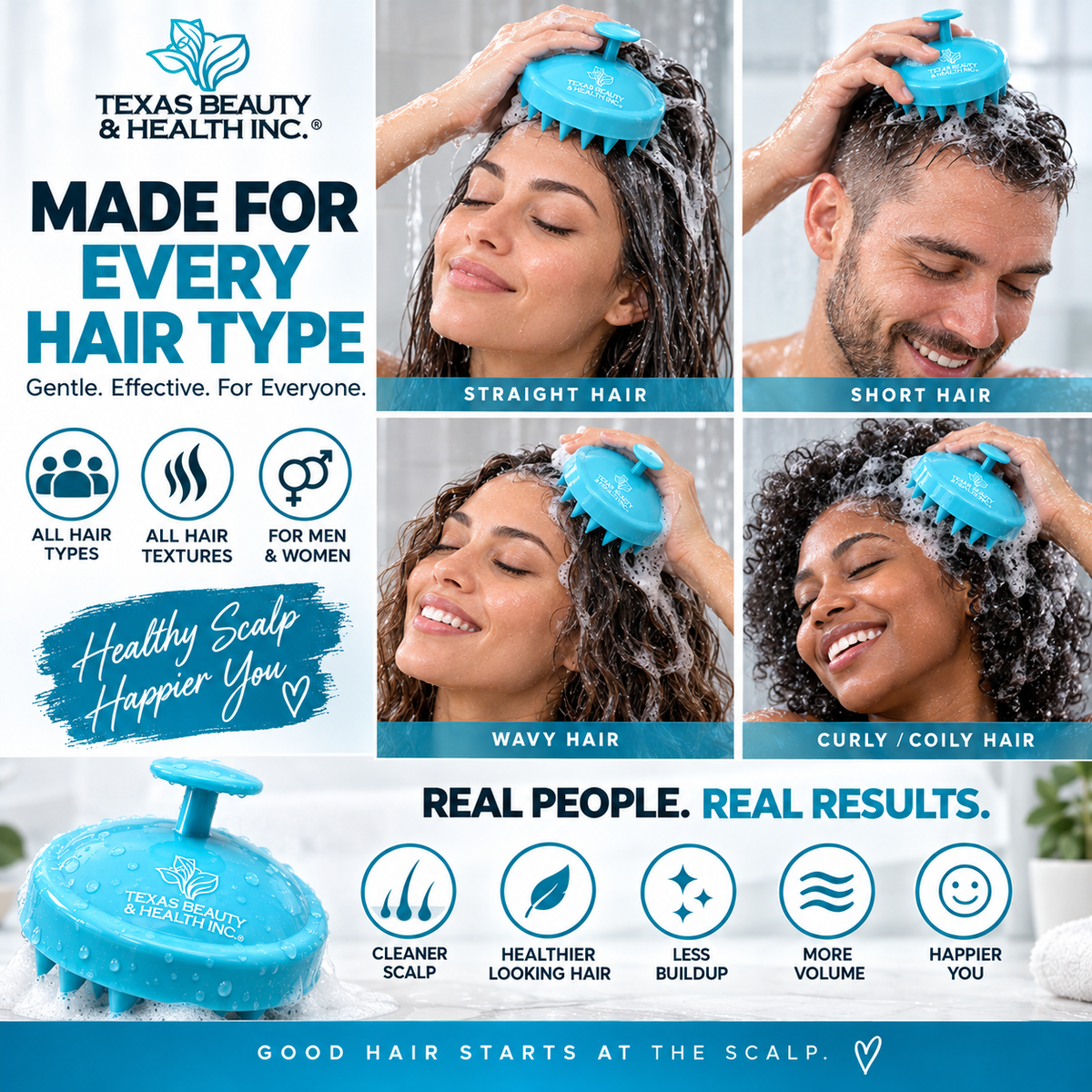 Texas Beauty & Health Scalp Massager Shampoo Brush, Massaging Scrubber with Soft Silicone Bristles for Hair Growth Support & Dandruff Removal Green