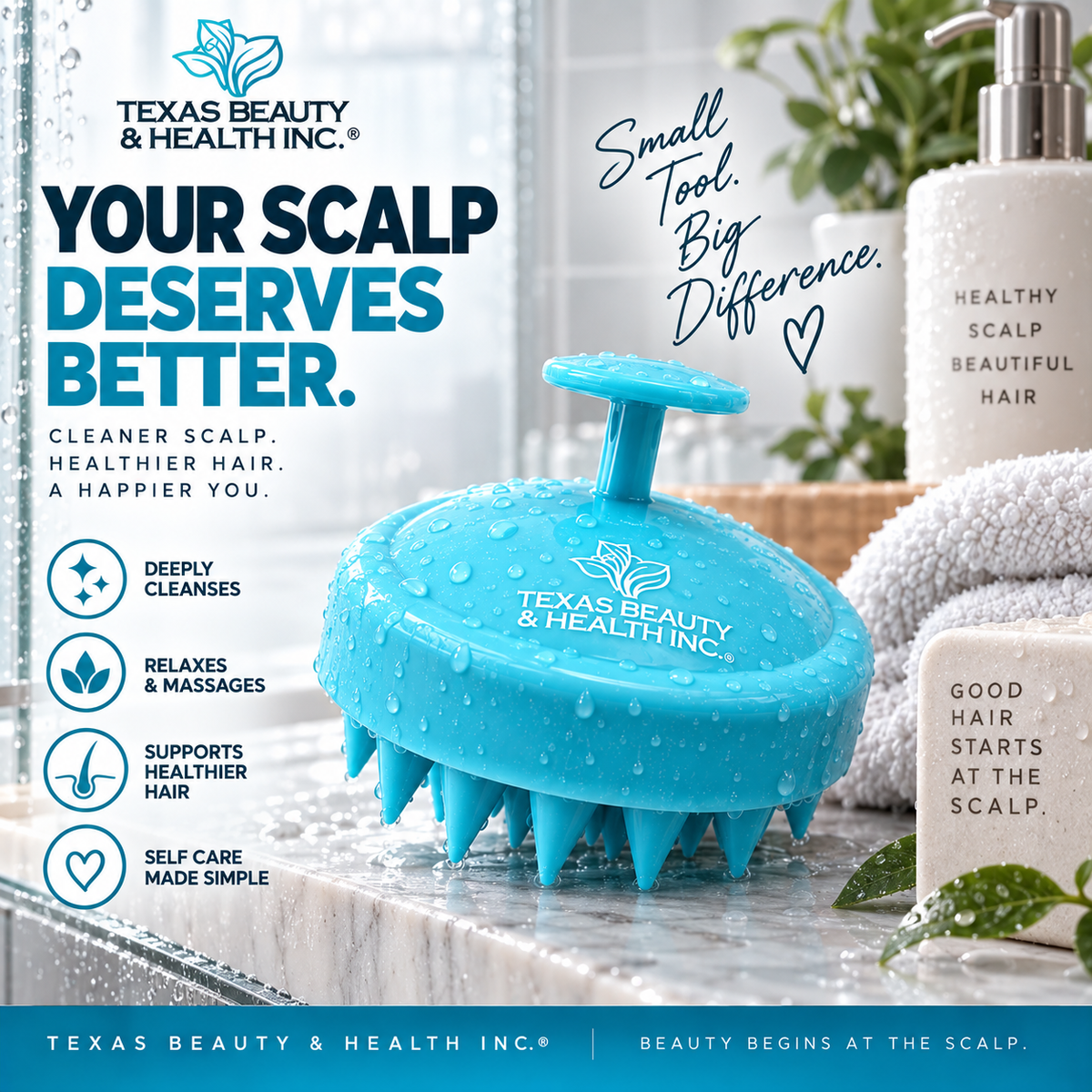 Texas Beauty & Health Scalp Massager Shampoo Brush, Massaging Scrubber with Soft Silicone Bristles for Hair Growth Support & Dandruff Removal Green