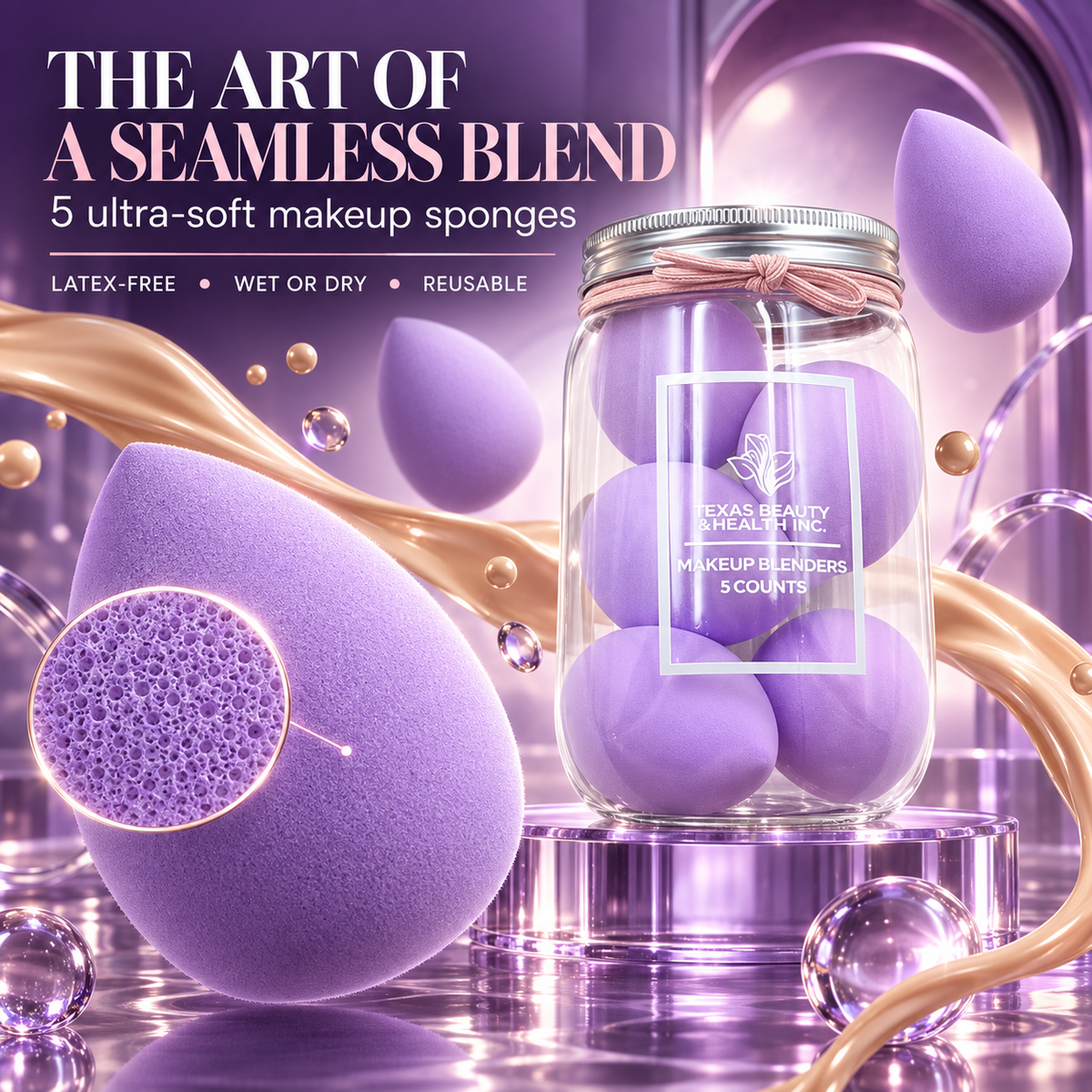 Texas Beauty & Health 5-Piece Purple Makeup Sponge Set – Wet & Dry Beauty Blenders for Foundation, Concealer, Contour & Cream Blush