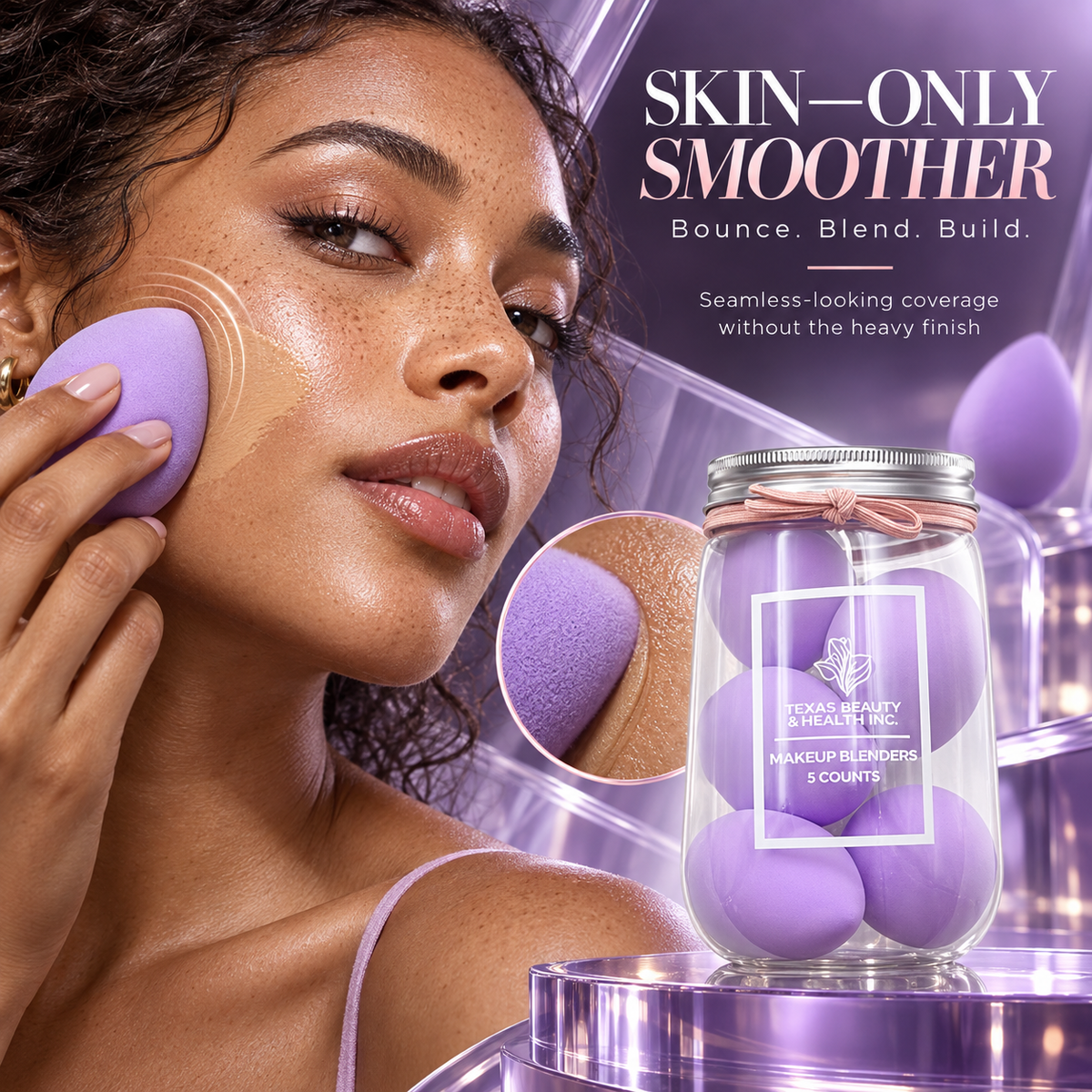 Texas Beauty & Health 5-Piece Purple Makeup Sponge Set – Wet & Dry Beauty Blenders for Foundation, Concealer, Contour & Cream Blush