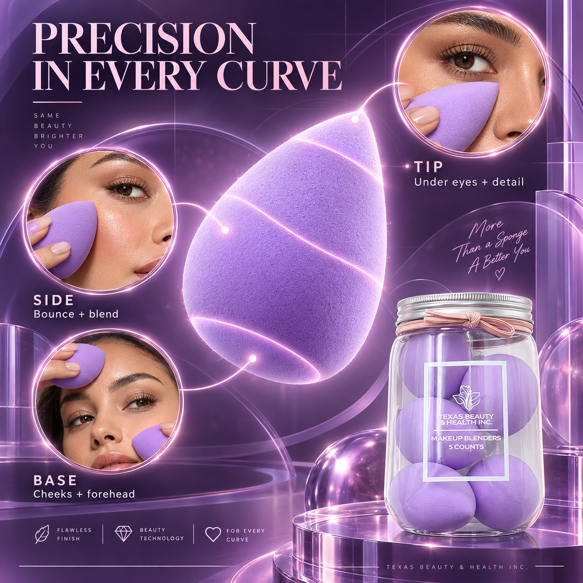 Texas Beauty & Health 5-Piece Purple Makeup Sponge Set – Wet & Dry Beauty Blenders for Foundation, Concealer, Contour & Cream Blush