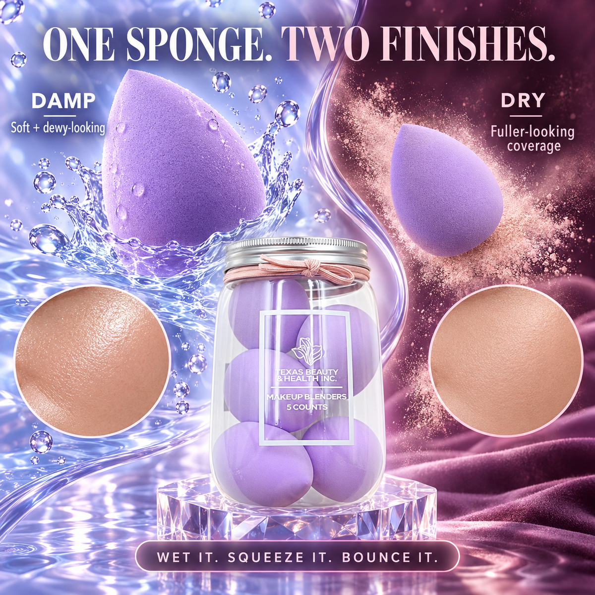 Texas Beauty & Health 5-Piece Purple Makeup Sponge Set – Wet & Dry Beauty Blenders for Foundation, Concealer, Contour & Cream Blush