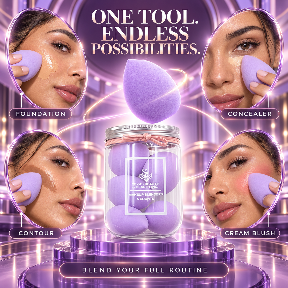Texas Beauty & Health 5-Piece Purple Makeup Sponge Set – Wet & Dry Beauty Blenders for Foundation, Concealer, Contour & Cream Blush