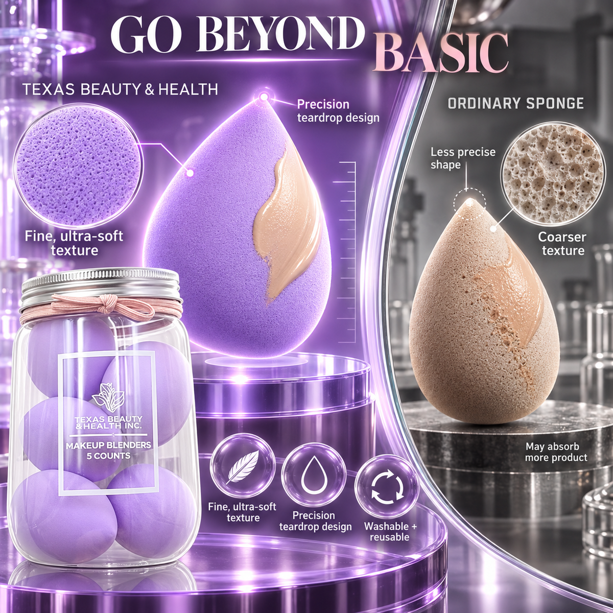 Texas Beauty & Health 5-Piece Purple Makeup Sponge Set – Wet & Dry Beauty Blenders for Foundation, Concealer, Contour & Cream Blush
