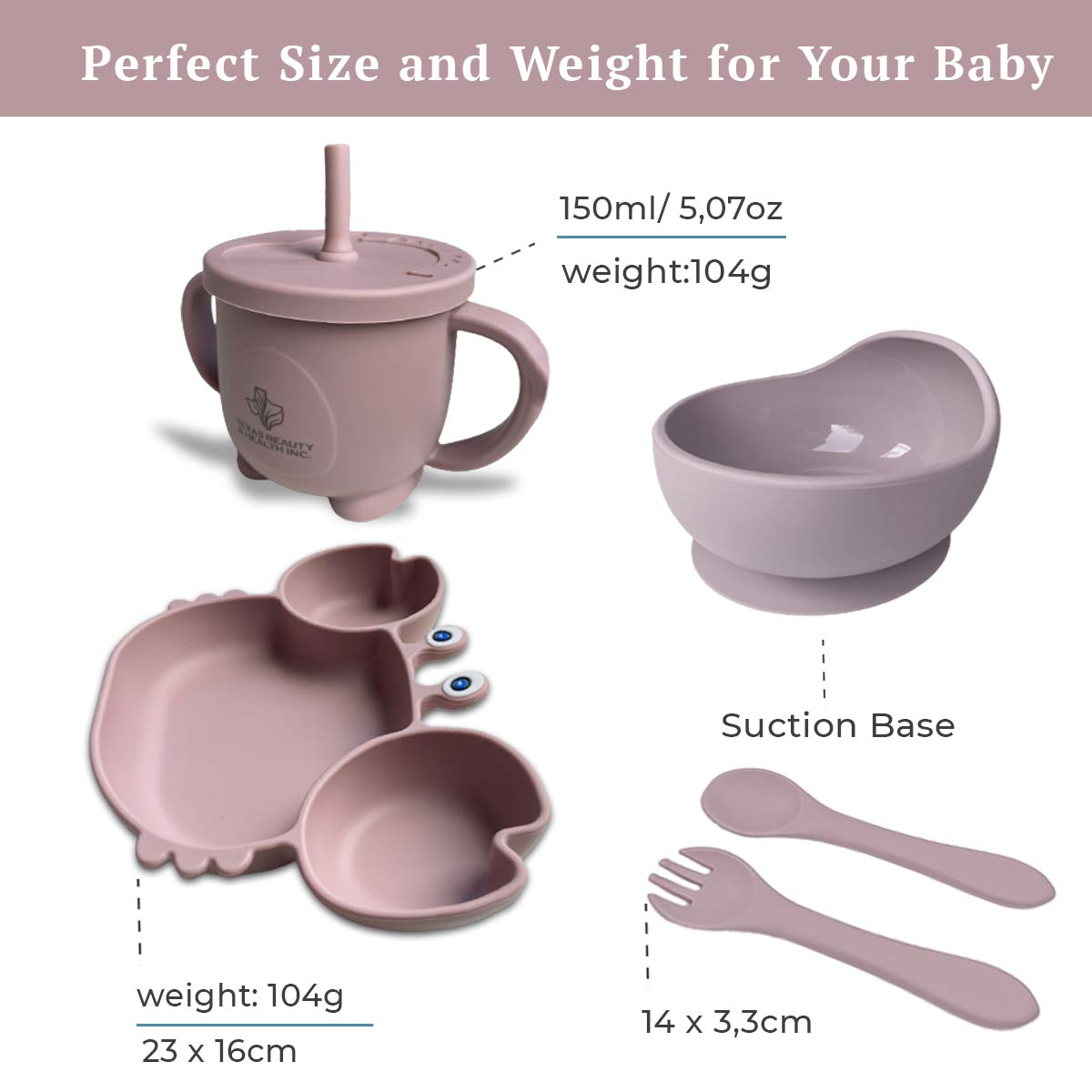 Texas Beauty & Health Rainbow Unicorn Dreams | Light Pink Silicone Baby Feeding Set for Girls | Suction Bowl, Divided Plate, Bib, Cup, Spoon, and Fork